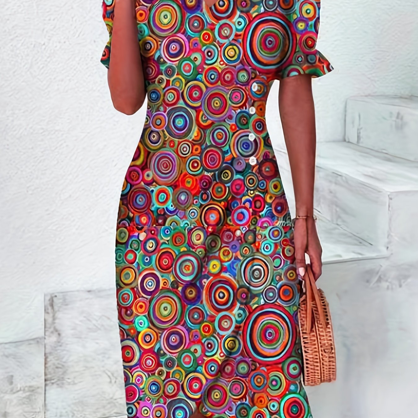 「lovevop」Ditsy Floral Print Dress, Elegant Button Front Short Sleeve Summer Dress, Women's Clothing