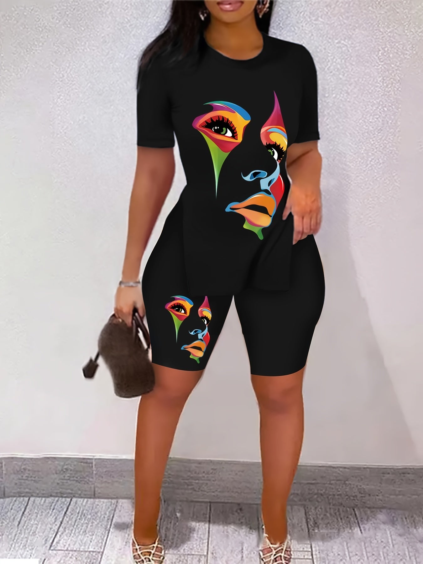 「lovevop」Graphic Print Two-piece Set For Spring & Summer, Short Sleeve Crew Neck Side Split Casual T-Shirt & Shorts For Spring & Summer, Women's Clothing