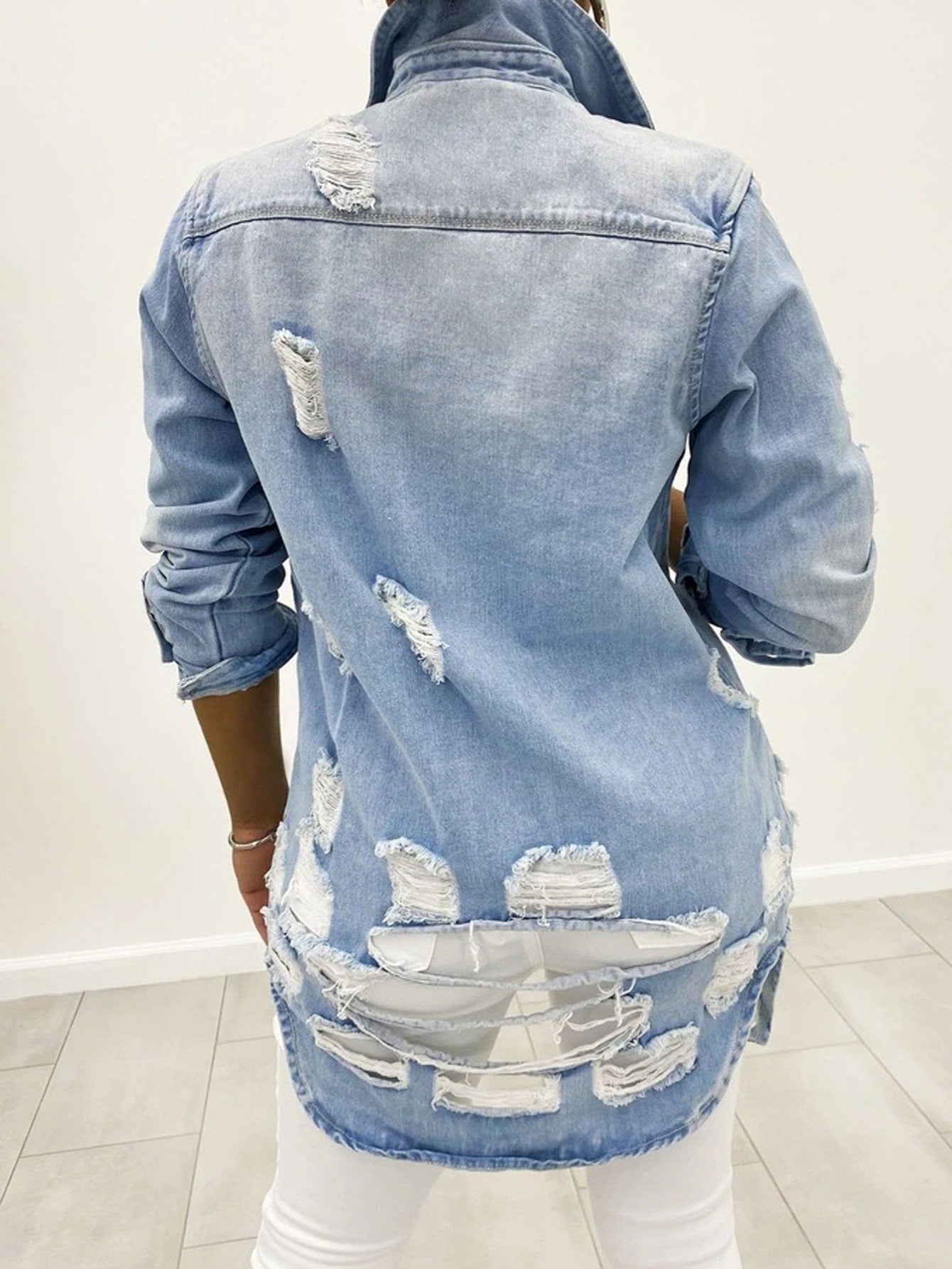 Lovevop-Distressed Denim Jacket, Long Button Up Ripped Jean Jacket Top, Women's Clothing & Outerwear