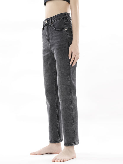 「lovevop」Washed Black Tapered Denim Pants, Classic Slant Pocket Denim Pants, Women's Clothing & Denim