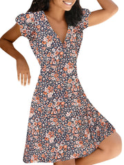「lovevop」Floral Print V Neck Slim Dress, Short Sleeve Casual Every Day Dress For Fall & Spring, Women's Clothing