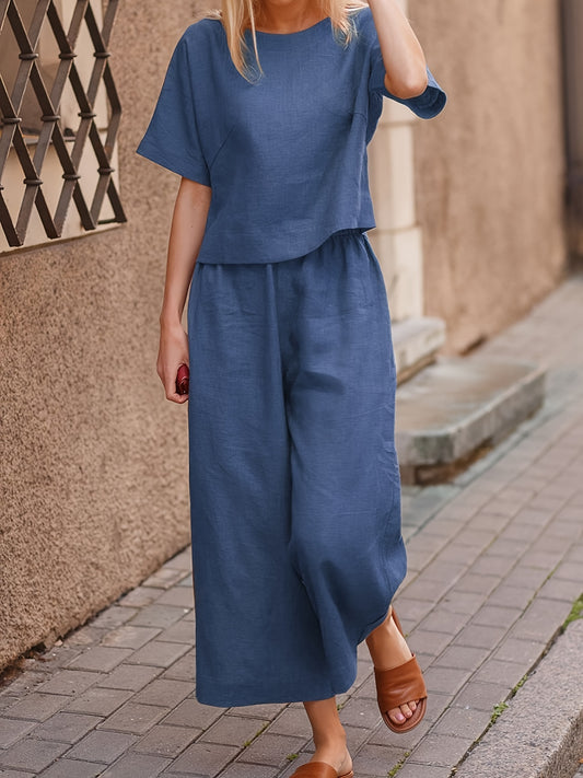 Relaxed Fit Casual Pantsuit Outfit - Vibrant Solid Color, Comfortable Short Sleeve T-shirt, Flattering Wide Leg Pants for Womens Clothing - Perfect for Warm Weather and Everyday Wear