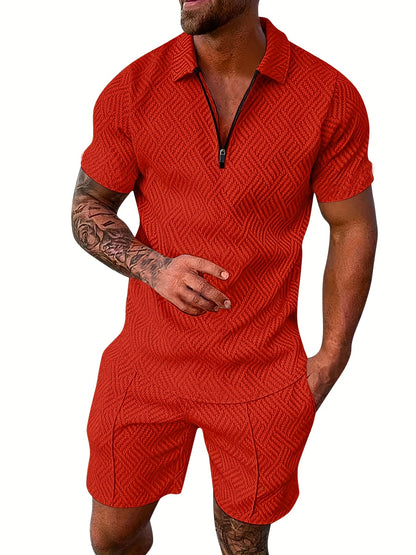 「lovevop」Men's Polyester Thin V-neck Zipper Sweatsuits With V-neck Zipper T-shirt & Shorts Christmas Gifts Best Sellers