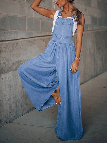 Lovevop-Loose Side Pocket Sleeveless Denim Jumpsuits, Casual Adjustable Shoulder Strap Denim Suspenders Trousers, Women's Denim Jeans & Clothing