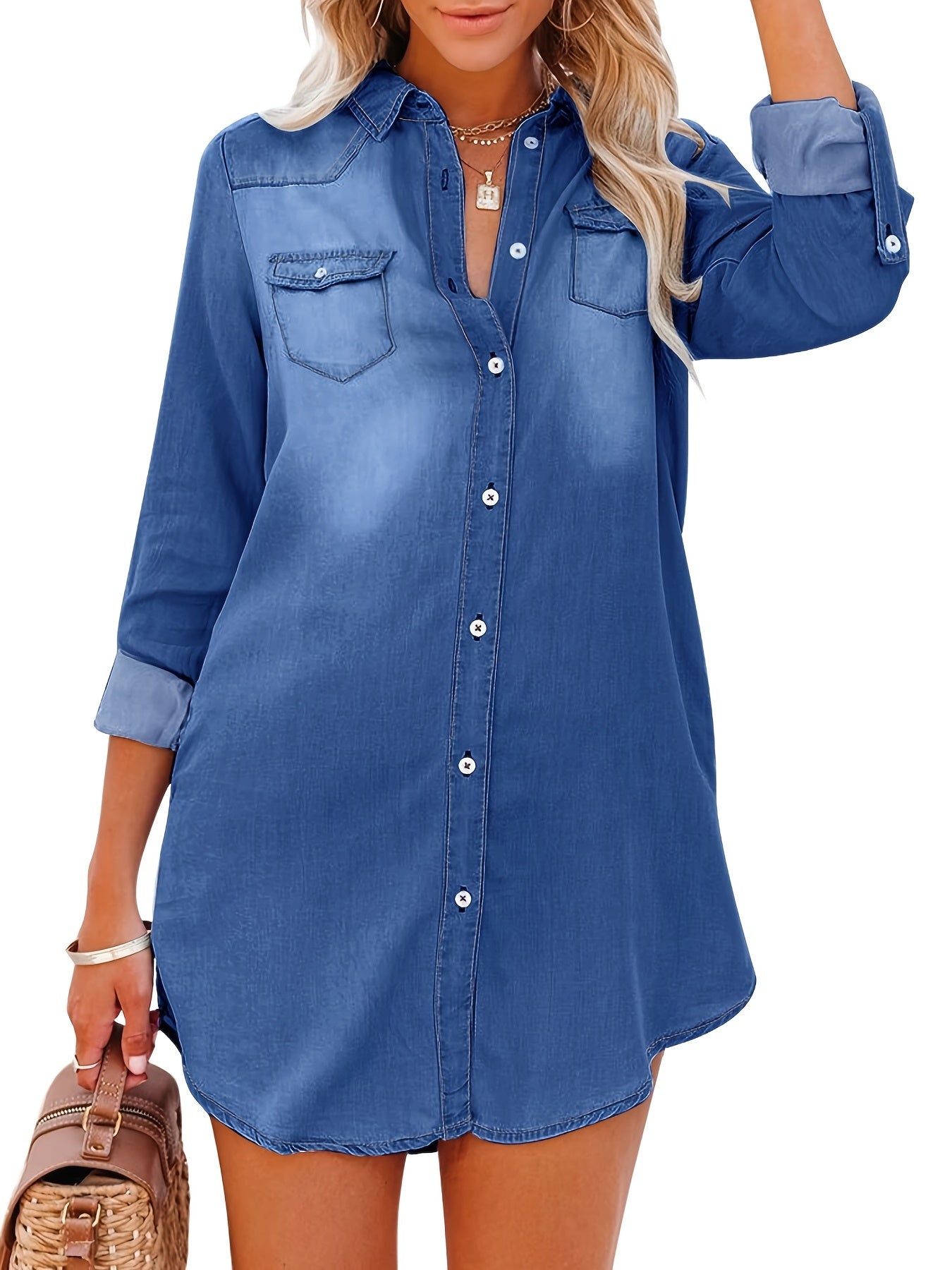 Lovevop-Long Sleeve Denim Shirt Dresses, Casual Light Blue Lapel Button-Down Flap Pockets Denim Dresses, Women's Denim Clothing