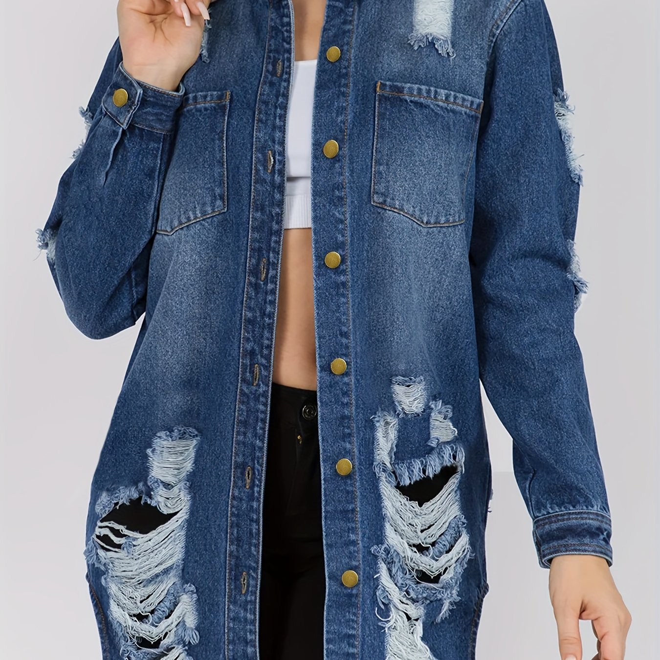 Lovevop-Distressed Denim Jacket, Long Button Up Ripped Jean Jacket Top, Women's Clothing & Outerwear