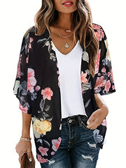 「lovevop」Floral Print Chiffon Blouse, Boho Open Front 3/4 Sleeve Beach Wear Cover Up Blouse, Women's Clothing