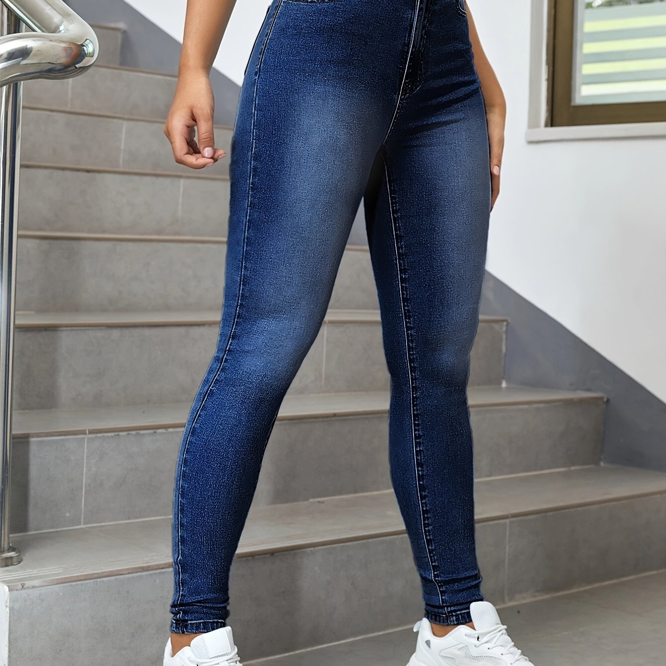 「lovevop」Blue High Waist Skinny Jeans, Slash Pockets High Rise Slim Fit Stretchy Denim Pants, Women's Denim Jeans & Clothing