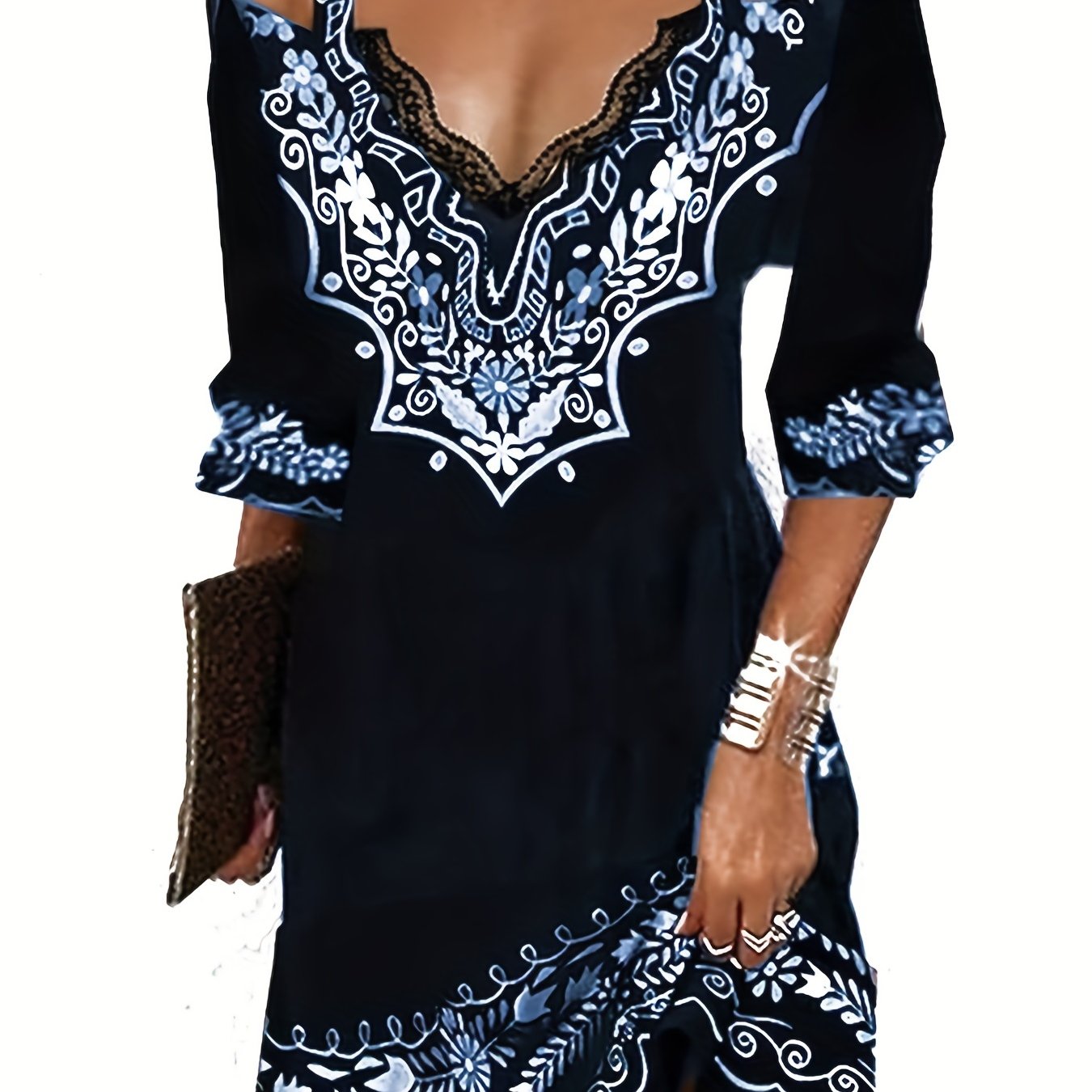 「lovevop」Ethnic Print Off Shoulder Dress, Boho V Neck Half Sleeve Cami Dress, Women's Clothing