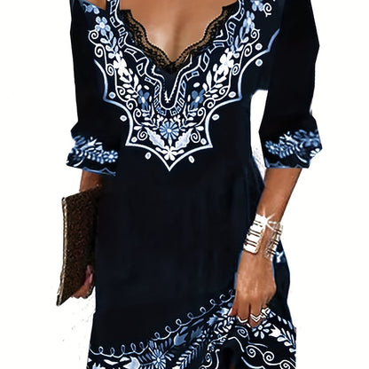 「lovevop」Ethnic Print Off Shoulder Dress, Boho V Neck Half Sleeve Cami Dress, Women's Clothing