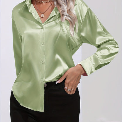 「lovevop」Solid Smoothly Shirt, Elegant Button Front Turn Down Collar Long Sleeve Shirt, Women's Clothing