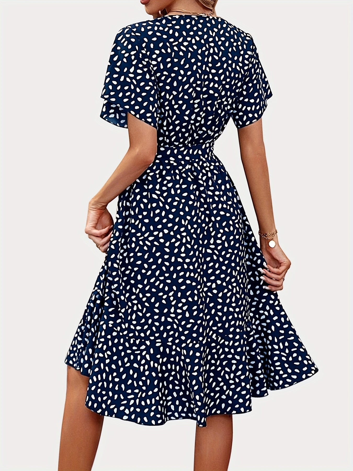 「lovevop」Floral Print Crew Neck Dress, Casual Ruffle Trim Short Sleeve Slim Waist A Line Dress, Women's Clothing