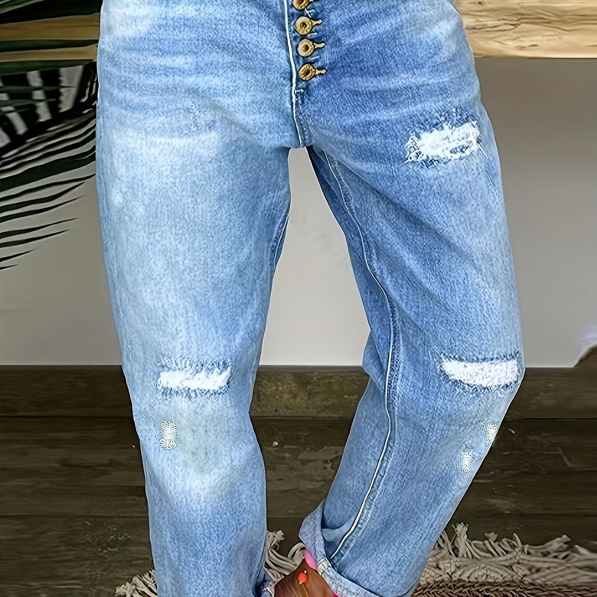 「lovevop」Blue Ripped Holes Straight Jeans, Distressed Single-Breasted Button Loose Fit Denim Pants, Women's Denim Jeans & Clothing