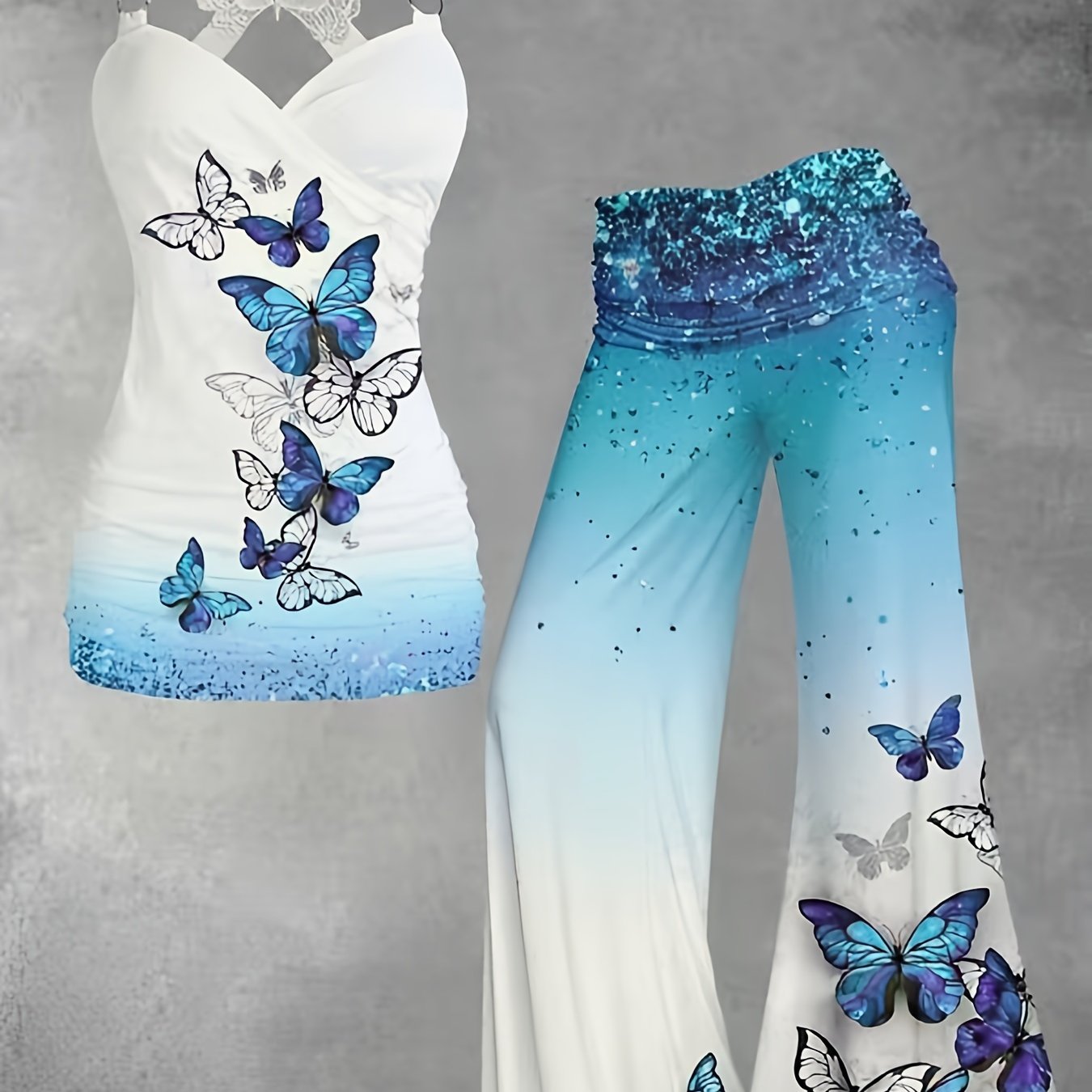 Vibrant Butterfly Print Two-Piece Set - V-Neck Tank Top & Wide Leg Pants Outfit - Micro Elasticity, Polyester, Random Printing, Casual Style for Spring/Summer