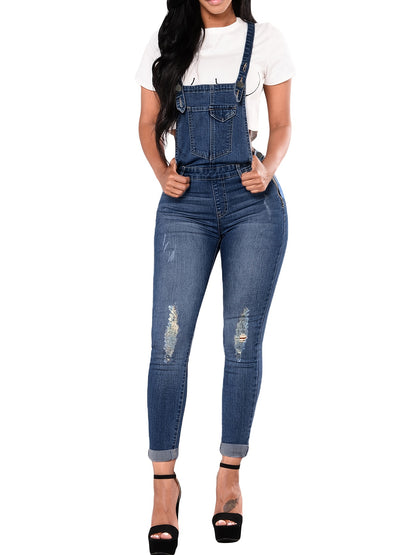 Lovevop-Blue Ripped Holes Denim Overalls, Slim Fit Slight-Stretch Slash Pockets Denim Jumpsuit, Women's Denim Clothing