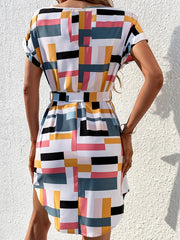 「lovevop」Geometric Color Block Print Dress, Casual Crew Neck Batwing Sleeve Hem Arc Dress, Women's Clothing