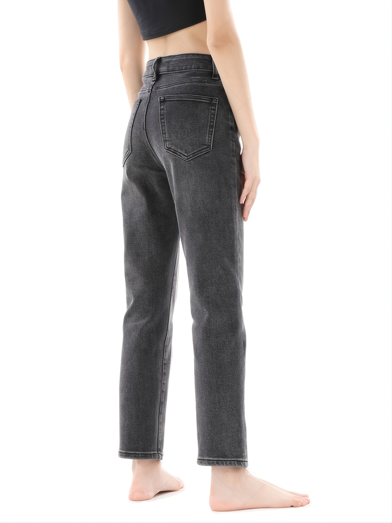 「lovevop」Washed Black Tapered Denim Pants, Classic Slant Pocket Denim Pants, Women's Clothing & Denim