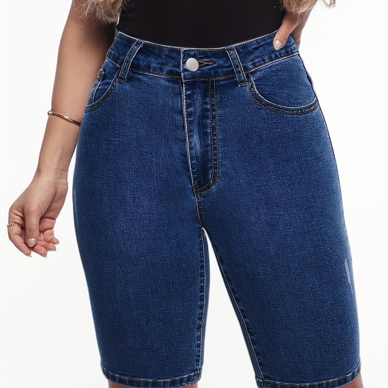「lovevop」Dark Blue High Waist Denim Shorts, Slim Fit Slash Pockets High Rise Short Denim Pants, Women's Denim Jeans & Clothing