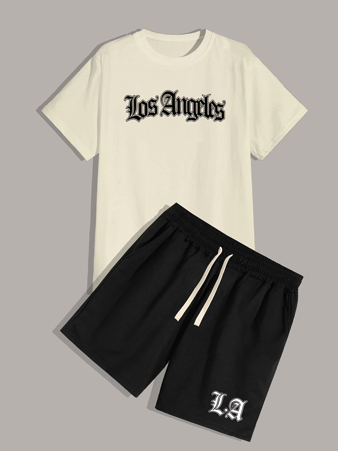 「lovevop」Los Angeles, Men's 2 Pieces Outfits, Round Neck Short Sleeve T-Shirt And Drawstring Shorts Set