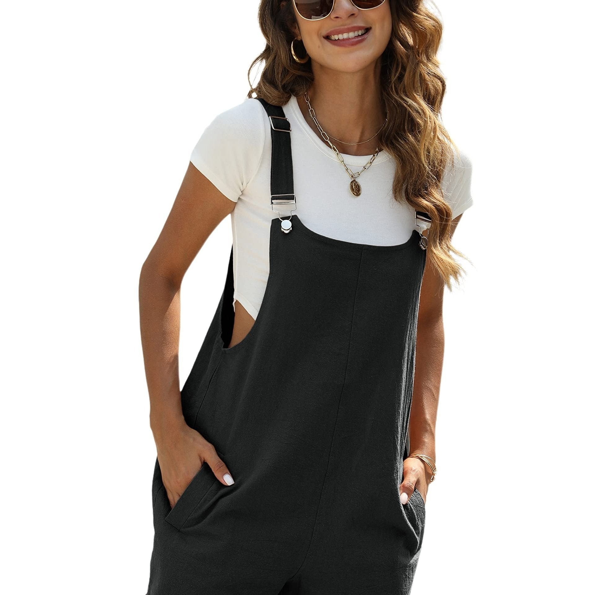 「lovevop」Solid Cami Jumpsuit, Casual Sleeveless Comfy Short Length Jumpsuit With Pockets, Women's Clothing