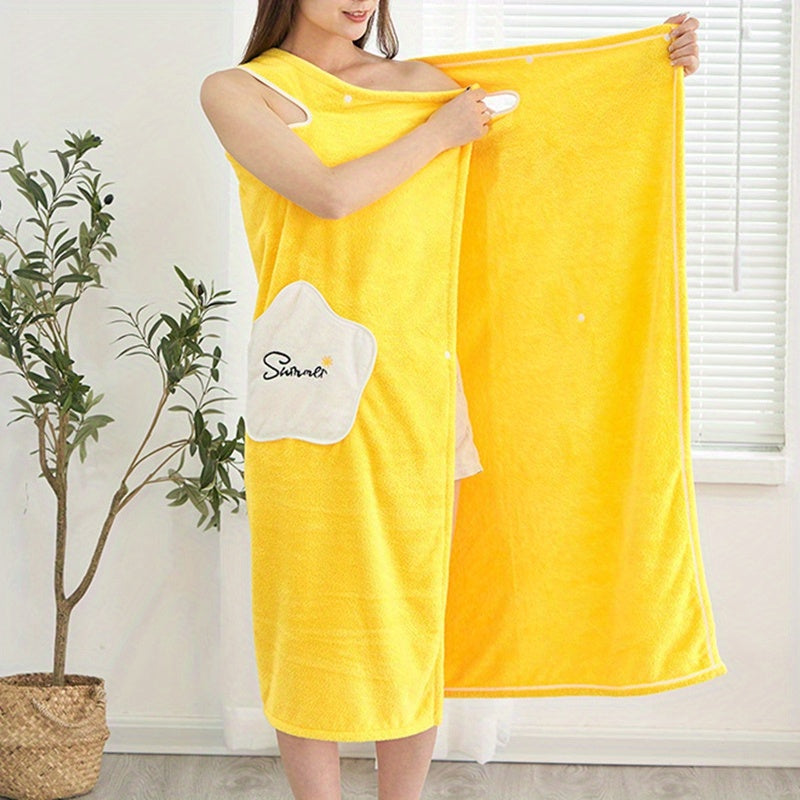 1pc Plush Quick-Drying Spa Bathrobe with Pocket - Bath Towels for Women with Thick Straps, Absorbent, Comfortable, Soft Wrap Towel for Home, Bathroom, Sauna, and Daily Use - Luxurious Bathroom Accessories for Relaxation