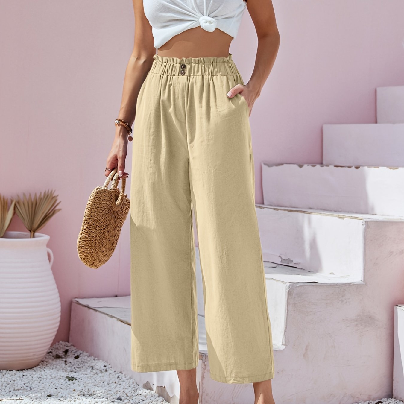 「lovevop」Button Front Wide Leg Pants, Casual Loose Pants For Spring & Summer, Women's Clothing