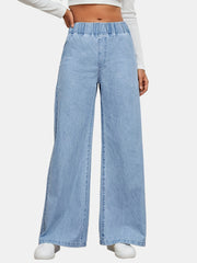 「lovevop」Blue Wide Legs Straight Jeans, Elastic Waist Loose Fit Casual Denim Pants, Women's Denim Jeans & Clothing