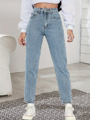 「lovevop」High Waist Slim Fit Denim Pants, Slash Pocket Plain Light Blue Color Mom Jeans, Women's Denim Jeans & Clothing