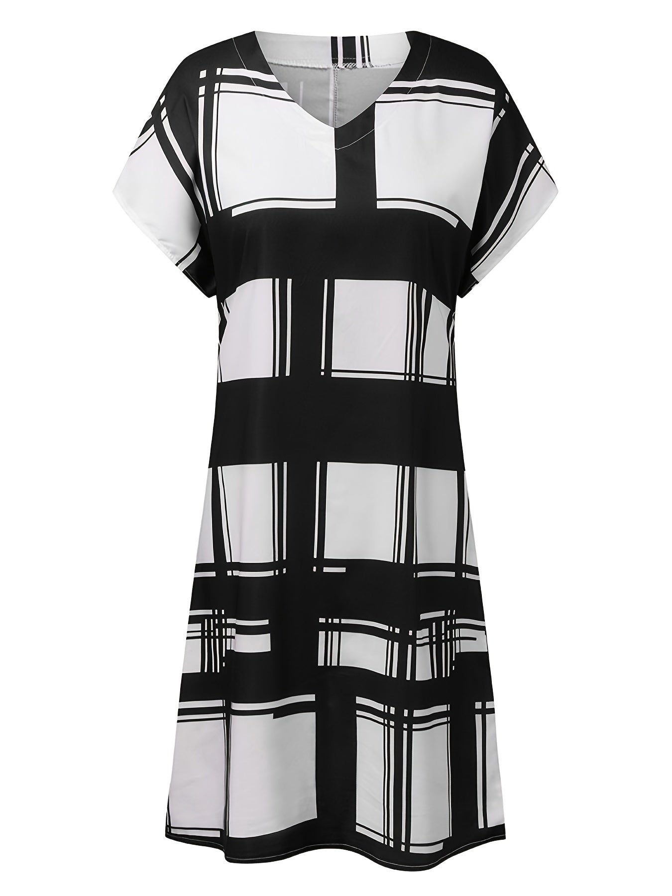「lovevop」Casual Geometric Print Dress, Short Sleeve V-neck Loose Fashion Summer Dresses, Women's Clothing