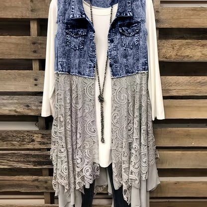 Lovevop-Lace High Low Trim Denim Vest Dress, Flap Pockets Raw Hem Lady Distressed Vest Dress, Women's Denim & Clothing