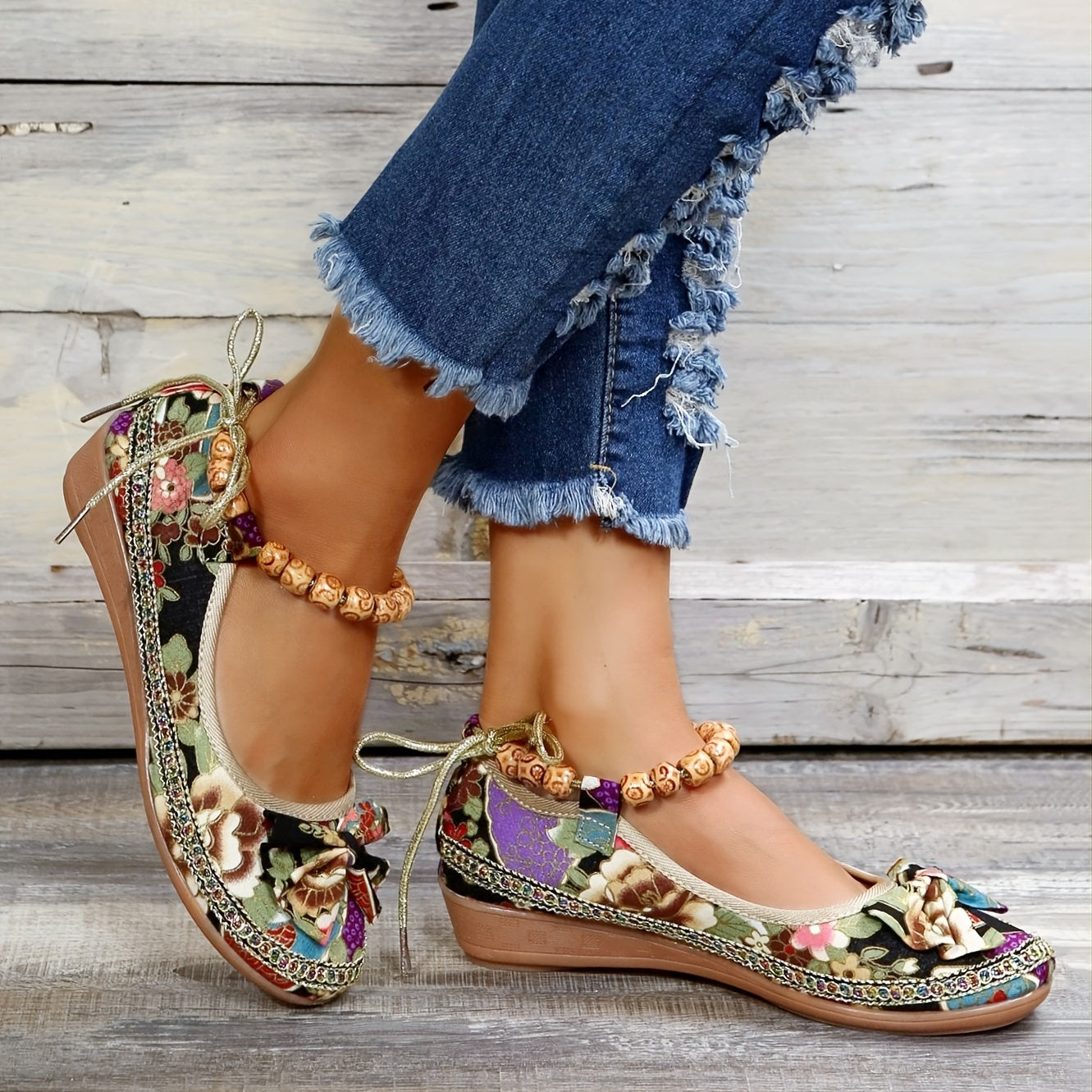 「lovevop」Women's Stylish Floral Print Slip-Ons - Ethnic Ankle Strap Flat Shoes for Casual Walks