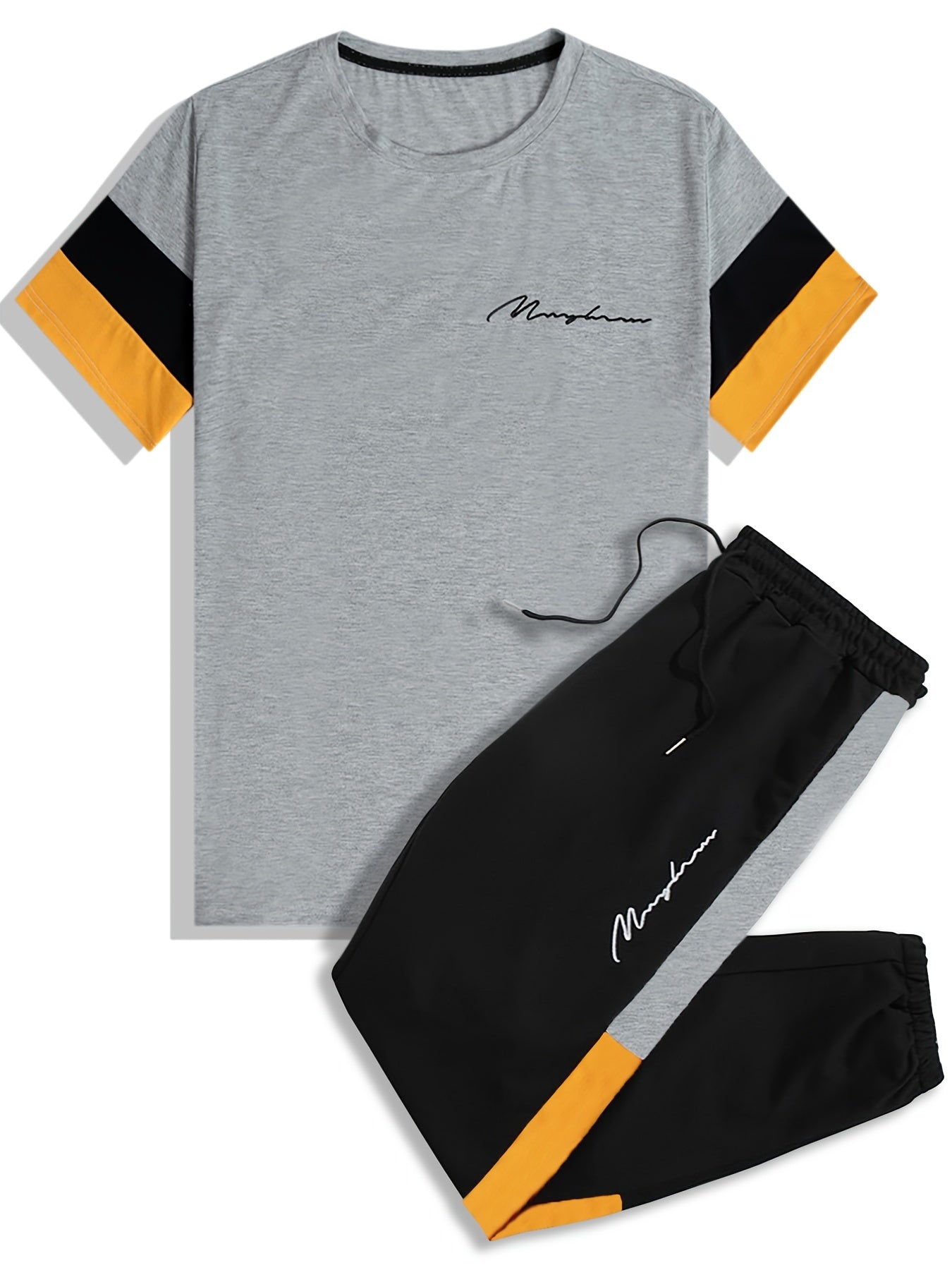 「lovevop」Men's Colorblock Casual T-shirt Outfit Set, 2 Pieces Round Neck Short Sleeve Tees And Drawstring Long Pants