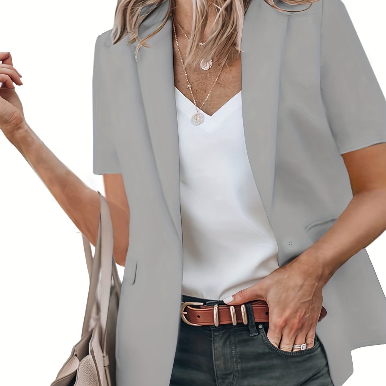 「lovevop」Short Sleeve Open Front Blazer, Casual Lapel Blazer For Spring & Summer, Women's Clothing