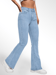「lovevop」High Waist High Strech Light Blue Bootcut Jeans, Zipper Button Closure Flare Leg Causal Denim Pants, Women's Denim Jeans & Clothing