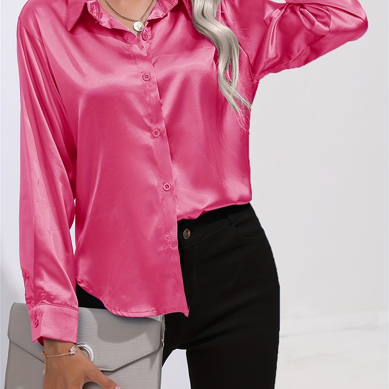 「lovevop」Solid Smoothly Shirt, Elegant Button Front Turn Down Collar Long Sleeve Shirt, Women's Clothing