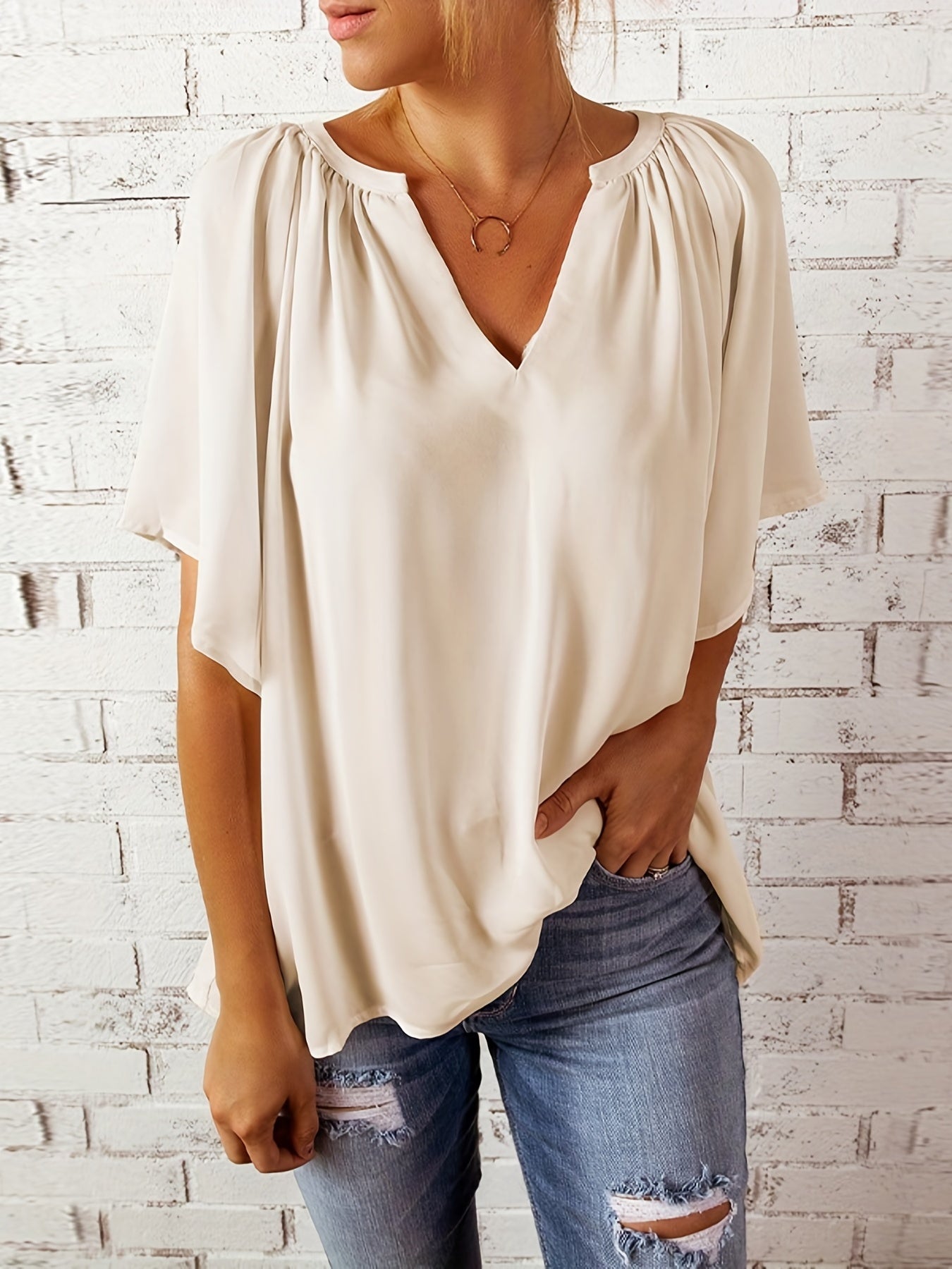 「lovevop」Notched Neck Loose Blouse, Casual Top For Summer & Spring, Women's Clothing