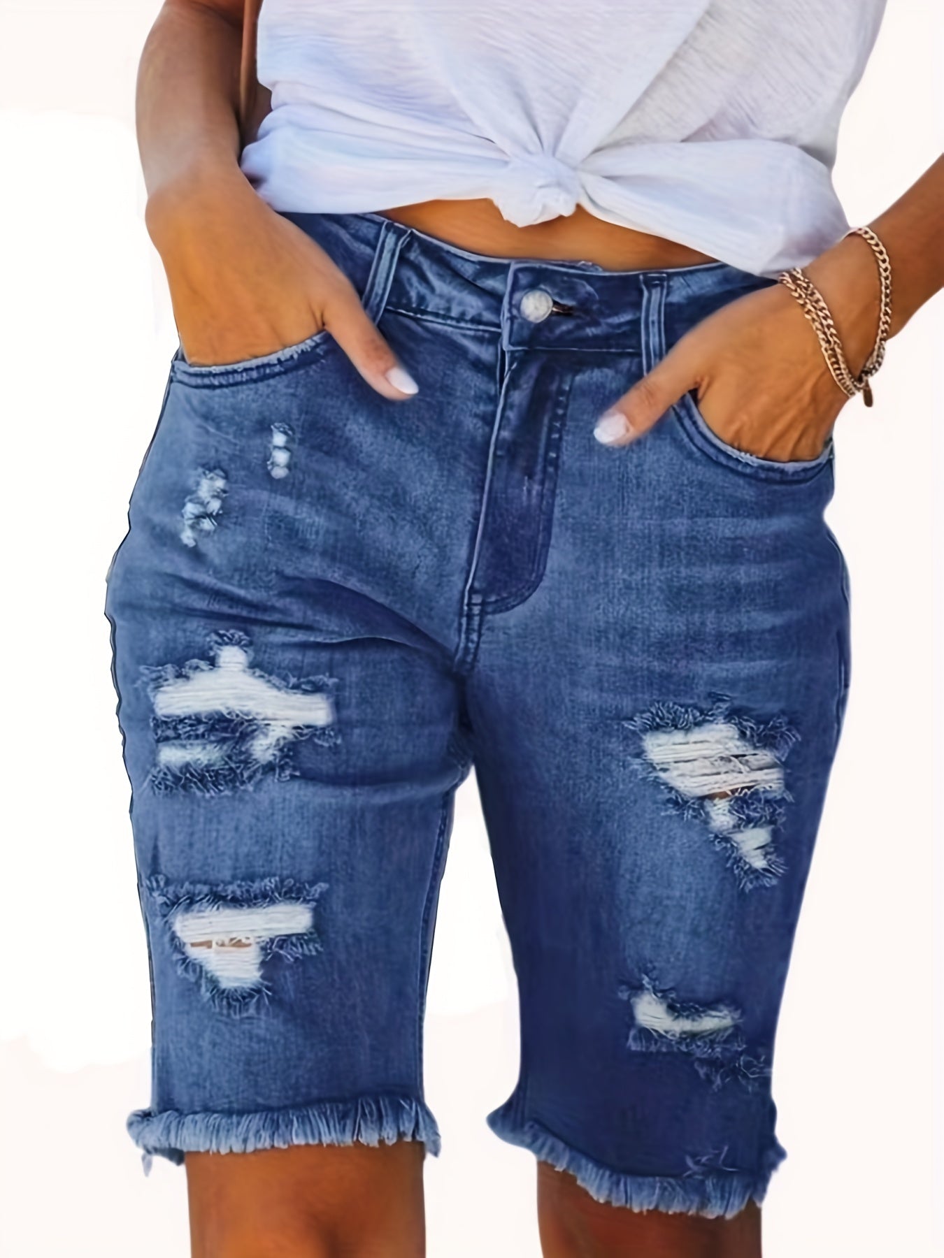 「lovevop」Blue Raw Hem Denim Shorts, Ripped Holes Mid-Stretch Slash Pockets Bermuda Short Denim Pants, Women's Denim Jeans & Clothing