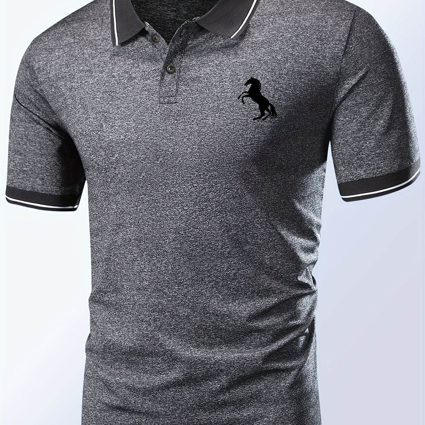 「lovevop」Horse Pattern Casual Slightly Stretch Button Front Short Sleeve Polo Shirt, Men's Clothes For Summer