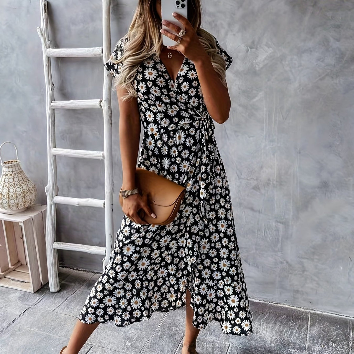 「lovevop」Floral Print Wrap Belted Dress, Elegant V Neck Short Sleeve Dress, Women's Clothing