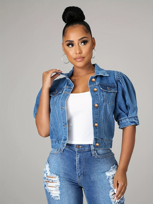 Lovevop-Puff Short Sleeves Flap Pockets Button Closure Washed Blue Cropped Denim Shorts, Women's Denim Shorts