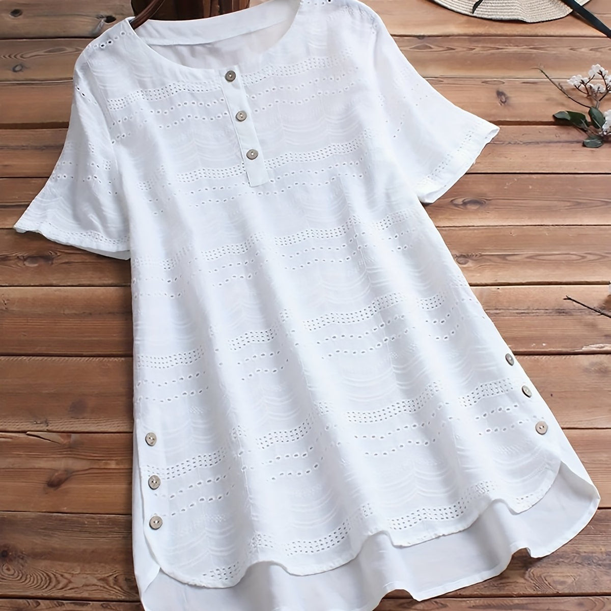 「lovevop」Eyelet Embroidered Button Decor Blouse, Casual Short Sleeve Blouse For Spring & Summer, Women's Clothing