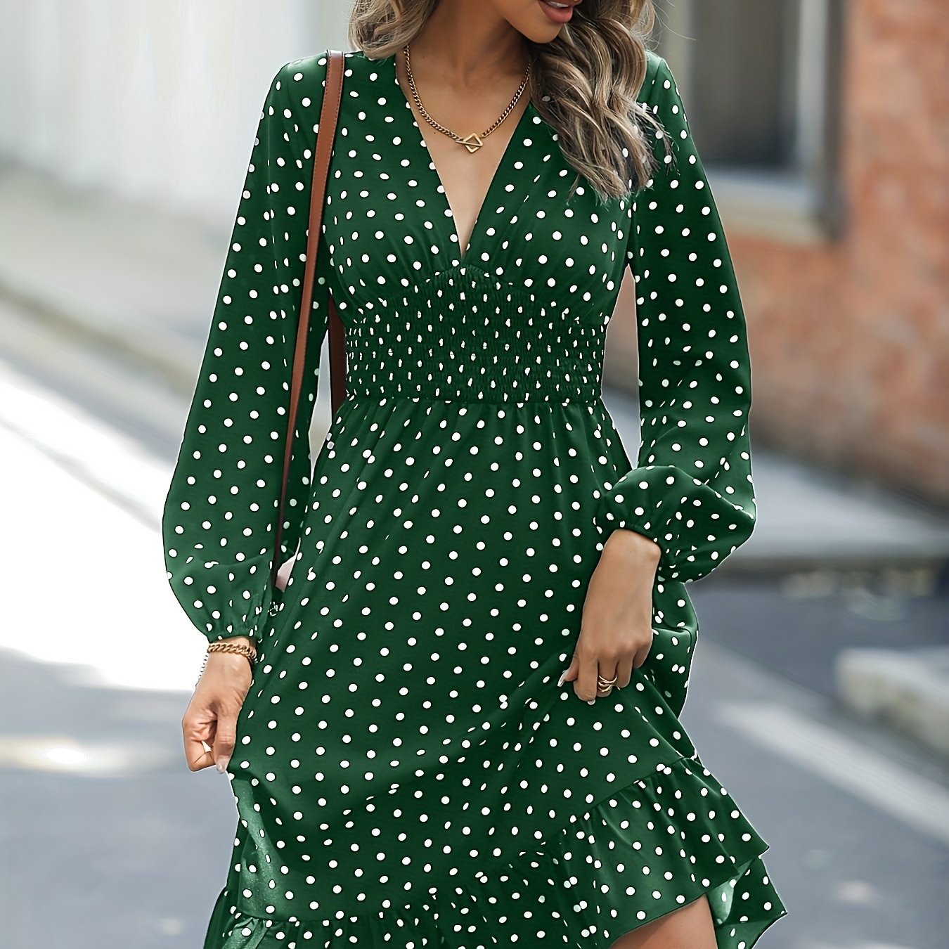 「lovevop」Retro V-neck Ruffle Dress, Polka Dot Print Long Sleeve Waist Loose Summer Dresses, Women's Clothing