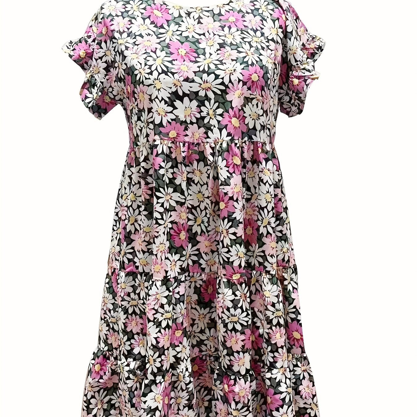 「lovevop」Floral Print Ruffle Dress, Boho Flared Sleeve Round Neck Loose Beach Spring & Summer Vocation Dresses, Women's Clothing