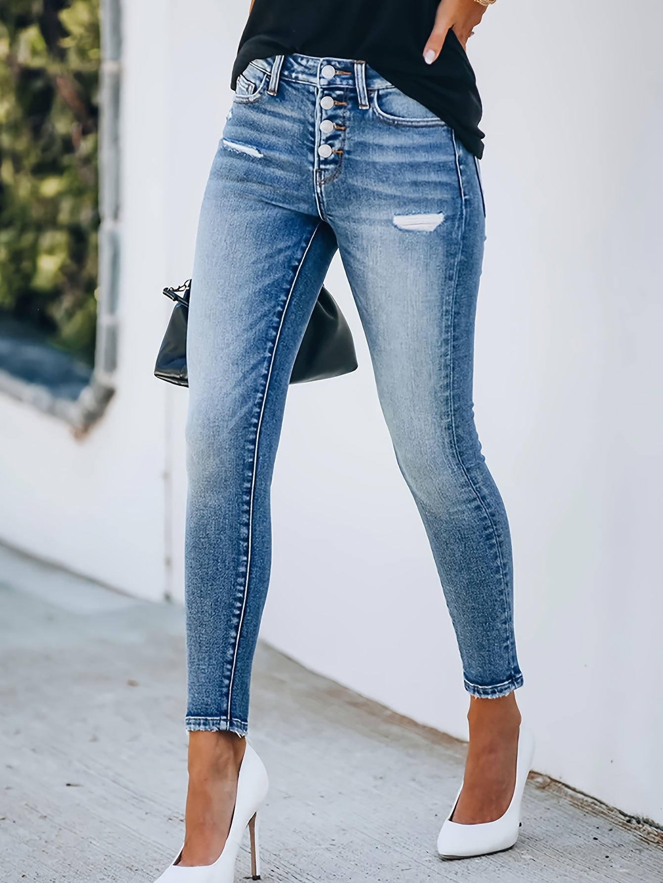 「lovevop」Single Breasted Closure Water Ripple Embossed Crotch Slight Stretchy Super Skinny Cropped Jeans, Women's Denim Jeans, Women's Clothing