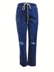 「lovevop」High Waist Drawstring Ripped Jeans, Light Blue Patch Pockets Pants, Women's Denim & Clothing