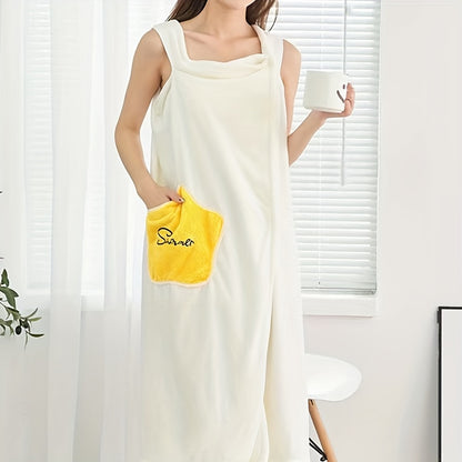 1pc Plush Quick-Drying Spa Bathrobe with Pocket - Bath Towels for Women with Thick Straps, Absorbent, Comfortable, Soft Wrap Towel for Home, Bathroom, Sauna, and Daily Use - Luxurious Bathroom Accessories for Relaxation