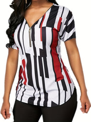 「lovevop」Striped Print V Neck Zipper T-shirt, Casual Loose Short Sleeve Summer T-Shirts Tops, Women's Clothing