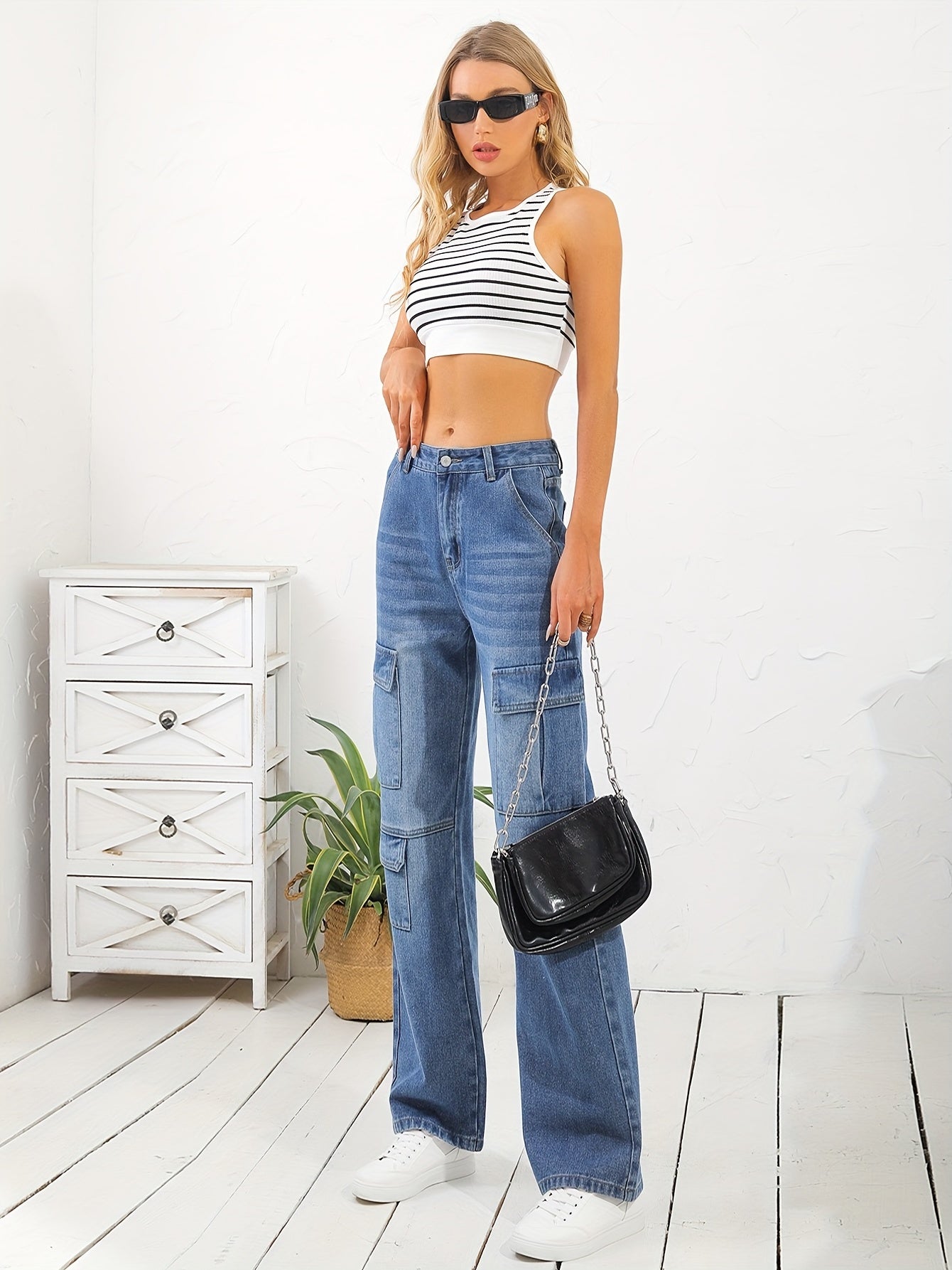 「lovevop」Flap Cargo Pocket Whiskering Denim Pants, Water Ripple Embossed Crotch Loose Straight Leg Jeans, Causal Pants For Every Day, Women's Denim Jeans & Clothing