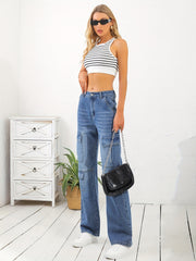 「lovevop」Flap Cargo Pocket Whiskering Denim Pants, Water Ripple Embossed Crotch Loose Straight Leg Jeans, Causal Pants For Every Day, Women's Denim Jeans & Clothing