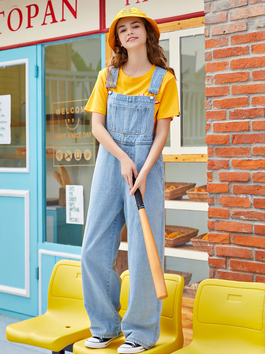 Lovevop-Kangaroo Pocket Wide Leg Denim Overalls, Casual Loose Fit Wide Straps Denim Jumpsuit, Women's Denim & Clothing